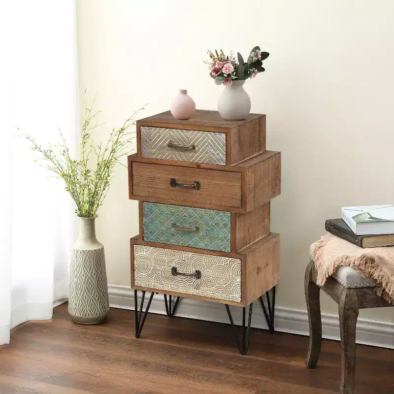 LuxenHome Commode d'appoint en bois à 4 tiroirs H 33 x L 18,9. Brun