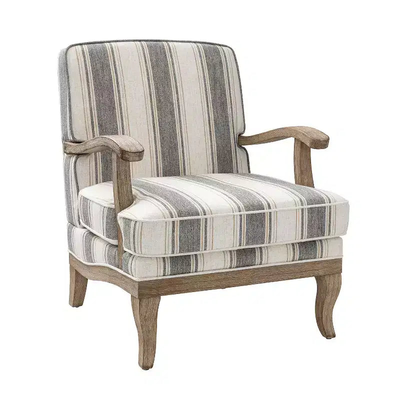 Fauteuil Rinaldo à Rayures de Style Ferme avec Accoudoirs en Bois Massif pour Salon, Salle de Séjour, Chambre | ART OF LIVING DESIGNS