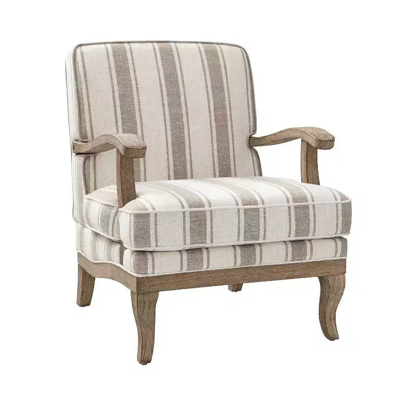 Fauteuil Rinaldo à Rayures de Style Ferme avec Accoudoirs en Bois Massif pour Salon, Salle de Séjour, Chambre | ART OF LIVING DESIGNS
