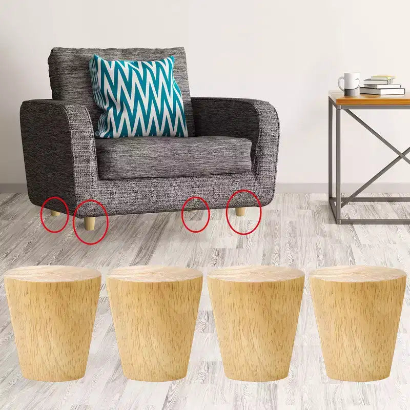 Unique Bargains Pieds de Meuble en Bois Rond Massif avec Plaque de Fixation Lot de 4