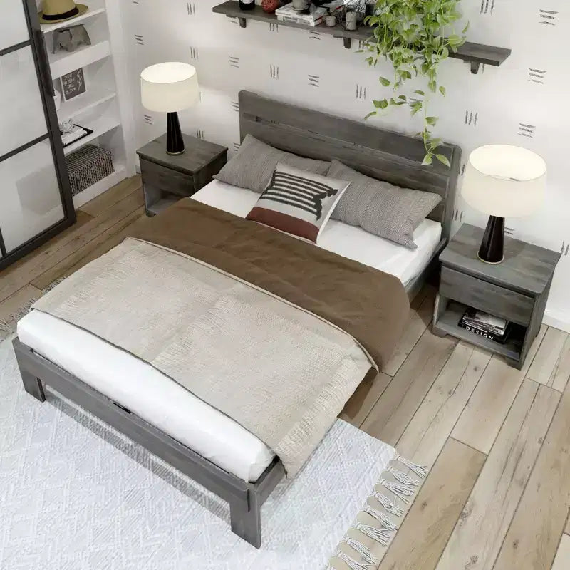 Lit Queen de Ferme Plank+Beam avec Tête de Lit à Lattes, Lit Plateforme en Bois Massif