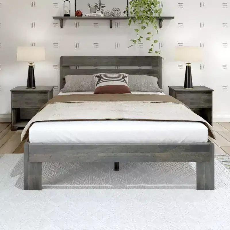 Lit Queen de Ferme Plank+Beam avec Tête de Lit à Lattes, Lit Plateforme en Bois Massif