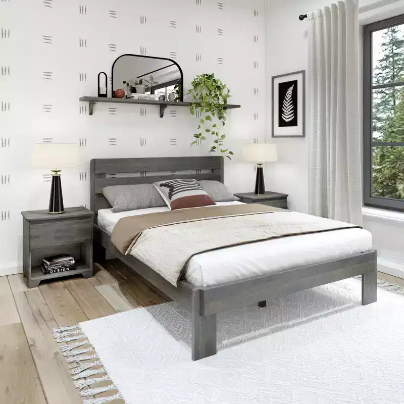 Lit Queen de Ferme Plank+Beam avec Tête de Lit à Lattes, Lit Plateforme en Bois Massif