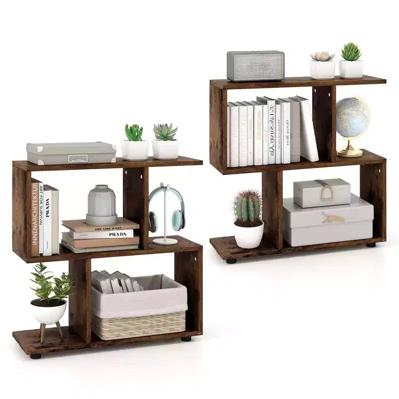 Costway Lot de 2 bibliothèques à 2 étages, présentoir autoportant en bois en forme de S, étagère de rangement Noir/Marron