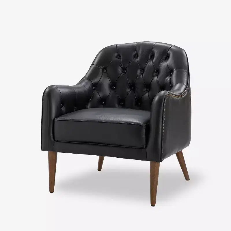 Fauteuil crapaud d'appoint Justo 28,5 po de large en cuir véritable capitonné avec pieds en bois massif pour salon | ART OF LIVING DESIGNS