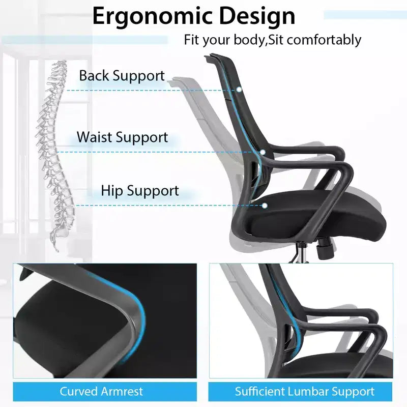 Costway Chaise de Bureau Ergonomique Hauteur Réglable avec Accoudoirs et Dossier en Maille Respirante