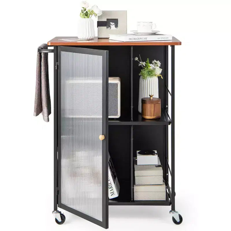 Costway Mobile Serving Cart Metal Kitchen Trolley w/Transparent Single Door Cabinet