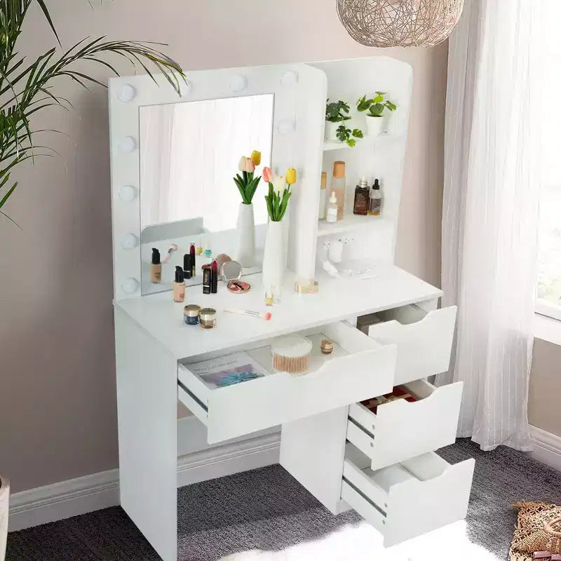 Coiffeuse avec tiroirs, coiffeuse blanche avec miroir et lumières 12 LED en 3 couleurs