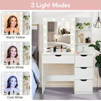 Coiffeuse avec tiroirs, coiffeuse blanche avec miroir et lumières 12 LED en 3 couleurs
