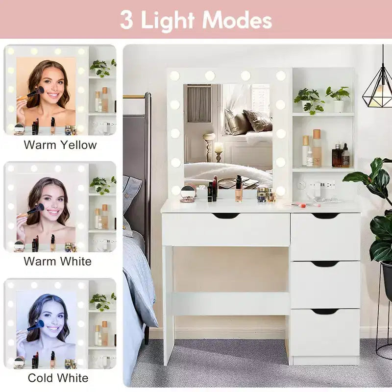 Coiffeuse avec tiroirs, coiffeuse blanche avec miroir et lumières 12 LED en 3 couleurs