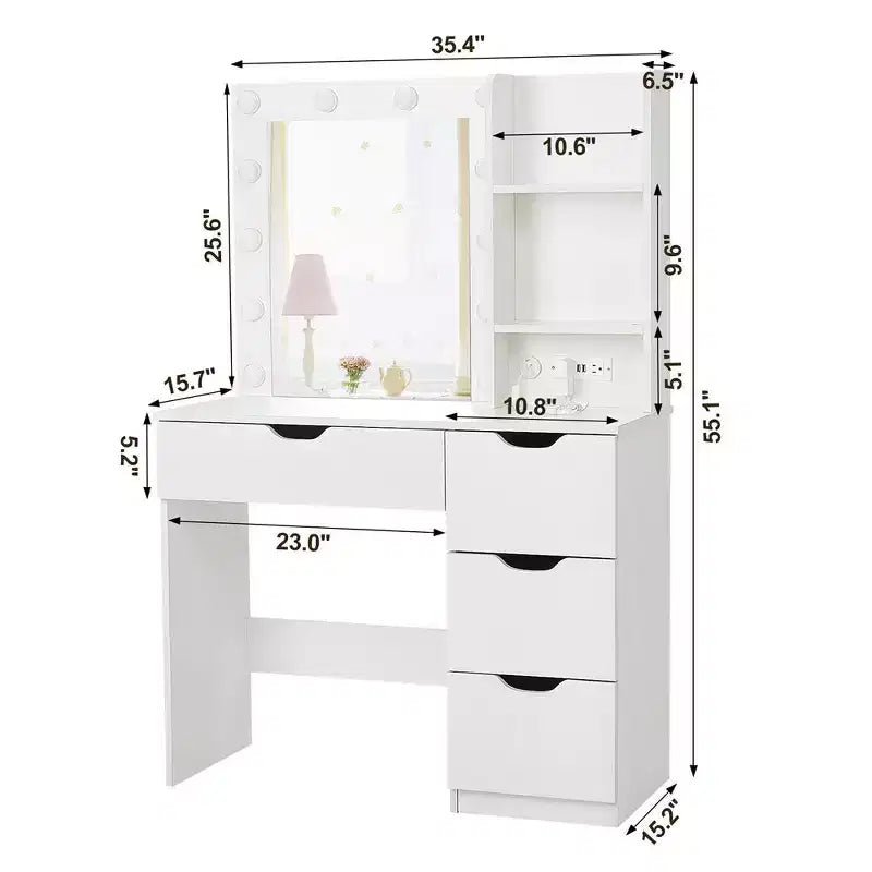 Coiffeuse avec tiroirs, coiffeuse blanche avec miroir et lumières 12 LED en 3 couleurs