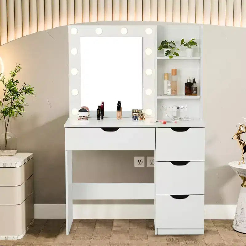 Coiffeuse avec tiroirs, coiffeuse blanche avec miroir et lumières 12 LED en 3 couleurs