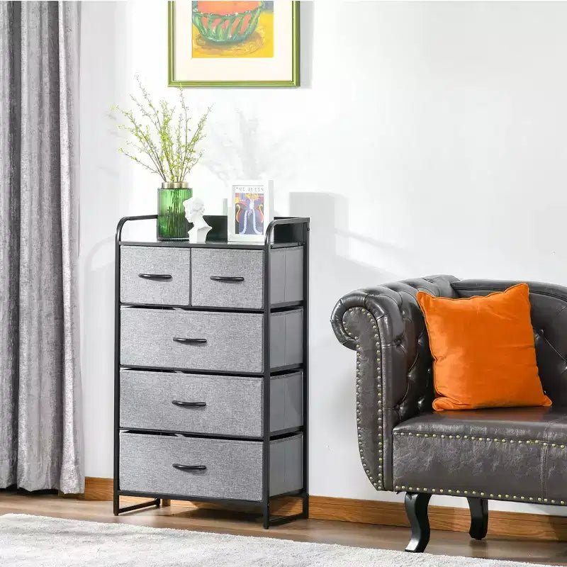 HOMCOM Commode en tissu à 5 tiroirs, tour de rangement à 4 niveaux avec cadre en acier pour couloir, chambre et placard