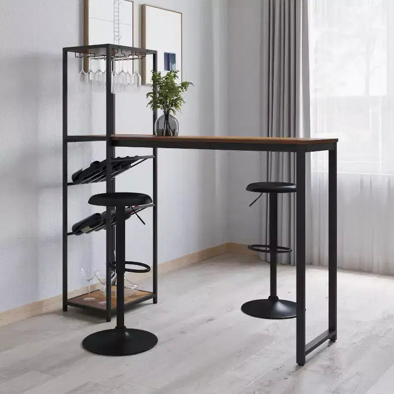 Table de bar et de vin en métal Merrick Lane avec rangement pour bouteilles et porte-verres suspendus