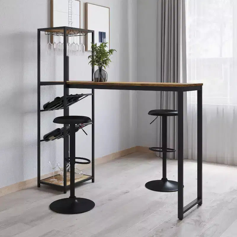 Table de bar et de vin en métal Merrick Lane avec rangement pour bouteilles et porte-verres suspendus