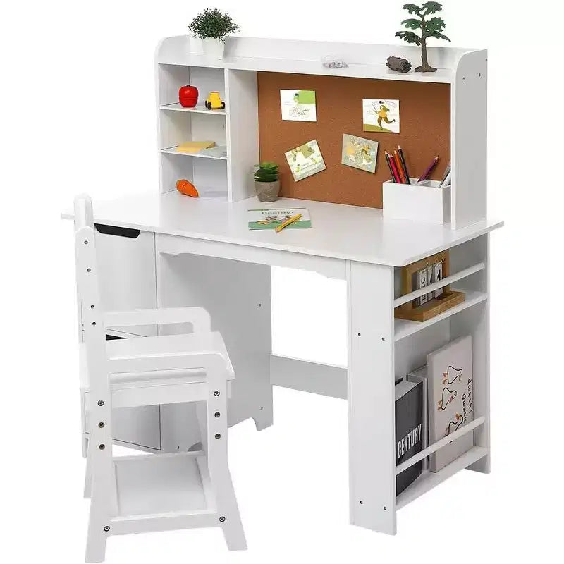 Kids Wooden Study Desk Learn Table Chair Set with Bookshelf, Bulletin Board, and Cabinets,White