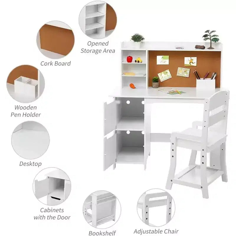 Bureau d'étude en bois pour enfants avec chaise, étagère, tableau d'affichage et armoires, blanc