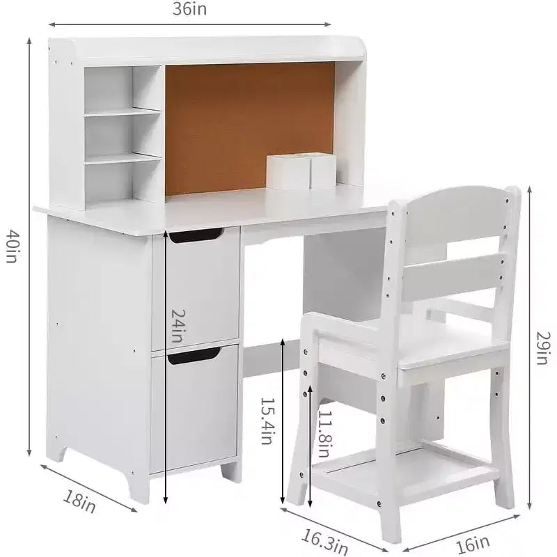 Bureau d'étude en bois pour enfants avec chaise, étagère, tableau d'affichage et armoires, blanc