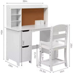 Bureau d'étude en bois pour enfants avec chaise, étagère, tableau d'affichage et armoires, blanc