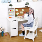 Bureau d'étude en bois pour enfants avec chaise, étagère, tableau d'affichage et armoires, blanc