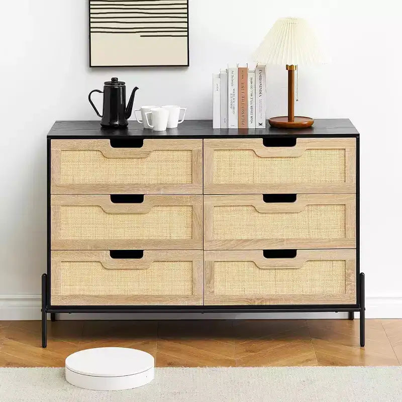 Commode en rotin Whizmax, commode haute à 6 tiroirs pour chambre à coucher, unités de rangement pour placard, salon, couloir, entrée