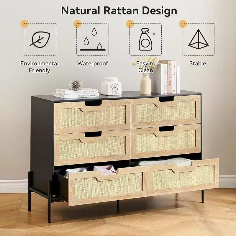 Commode en rotin Whizmax, commode haute à 6 tiroirs pour chambre à coucher, unités de rangement pour placard, salon, couloir, entrée
