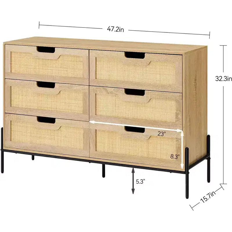 Commode en rotin Whizmax, commode haute à 6 tiroirs pour chambre à coucher, unités de rangement pour placard, salon, couloir, entrée