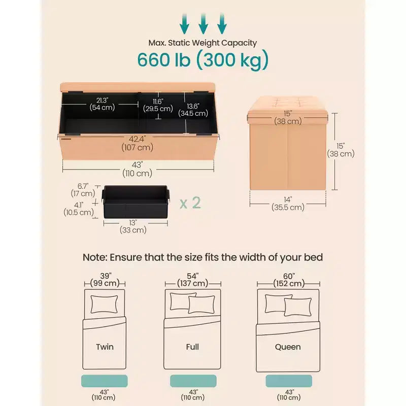 SONGMICS Banc de rangement ottoman pliant Repose-pieds avec 2 boîtes de rangement supplémentaires Supporte jusqu'à 300 kg