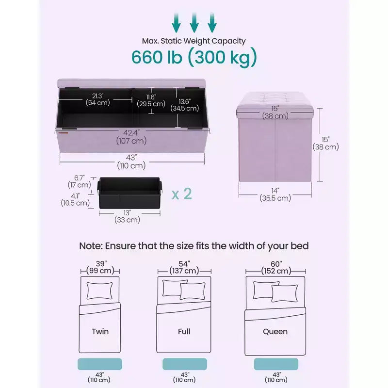 SONGMICS Banc de rangement ottoman pliant Repose-pieds avec 2 boîtes de rangement supplémentaires Supporte jusqu'à 300 kg