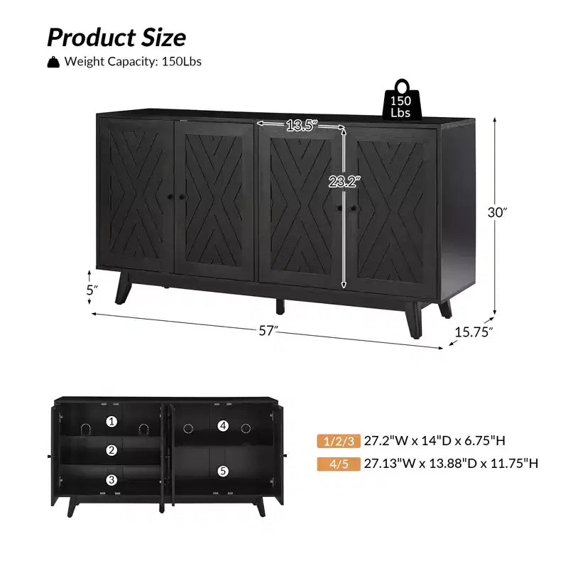 Buffet Adolf de 57 po de largeur, motif chevrons, avec étagères réglables | HULALA HOME