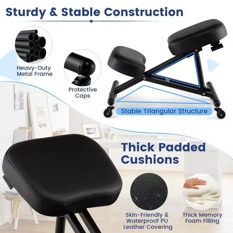Chaise Genoux Ergonomique Costway, Tabouret Réglable avec Roulettes Universelles Verrouillables et Siège Inclinable