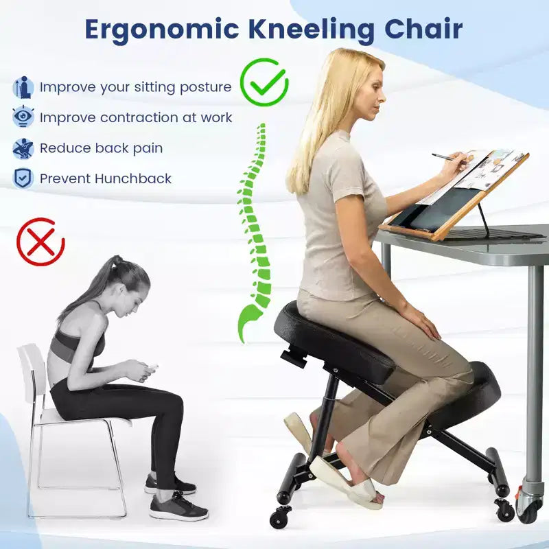 Chaise Genoux Ergonomique Costway, Tabouret Réglable avec Roulettes Universelles Verrouillables et Siège Inclinable