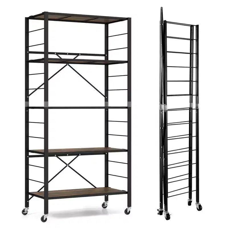 Costway Étagère Pliante à 5 Niveaux, Étagère de Rangement Modulable avec 4 Roues Universelles, Cuisine Noir/Naturel
