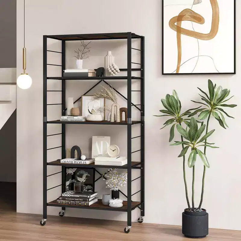 Costway Étagère Pliante à 5 Niveaux, Étagère de Rangement Modulable avec 4 Roues Universelles, Cuisine Noir/Naturel