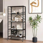 Costway Étagère Pliante à 5 Niveaux, Étagère de Rangement Modulable avec 4 Roues Universelles, Cuisine Noir/Naturel