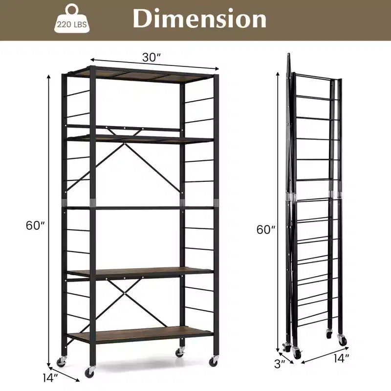 Costway Étagère Pliante à 5 Niveaux, Étagère de Rangement Modulable avec 4 Roues Universelles, Cuisine Noir/Naturel