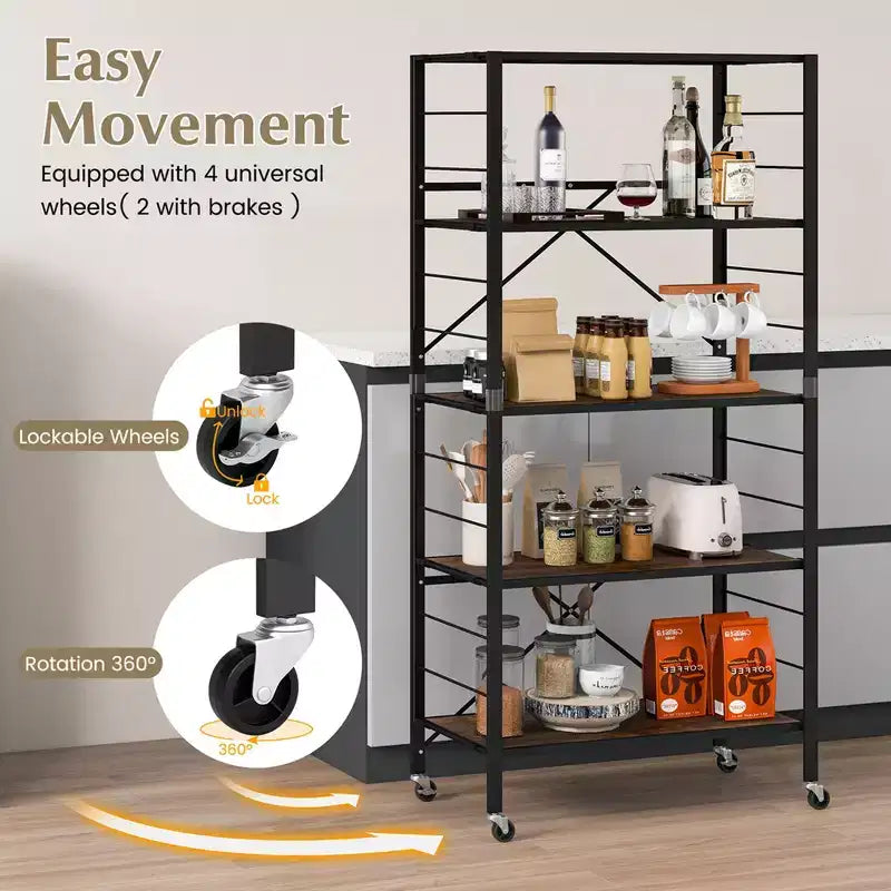 Costway Étagère Pliante à 5 Niveaux, Étagère de Rangement Modulable avec 4 Roues Universelles, Cuisine Noir/Naturel