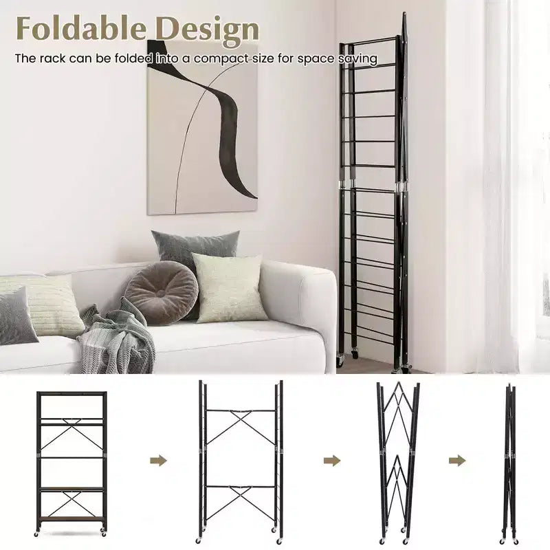 Costway Étagère Pliante à 5 Niveaux, Étagère de Rangement Modulable avec 4 Roues Universelles, Cuisine Noir/Naturel