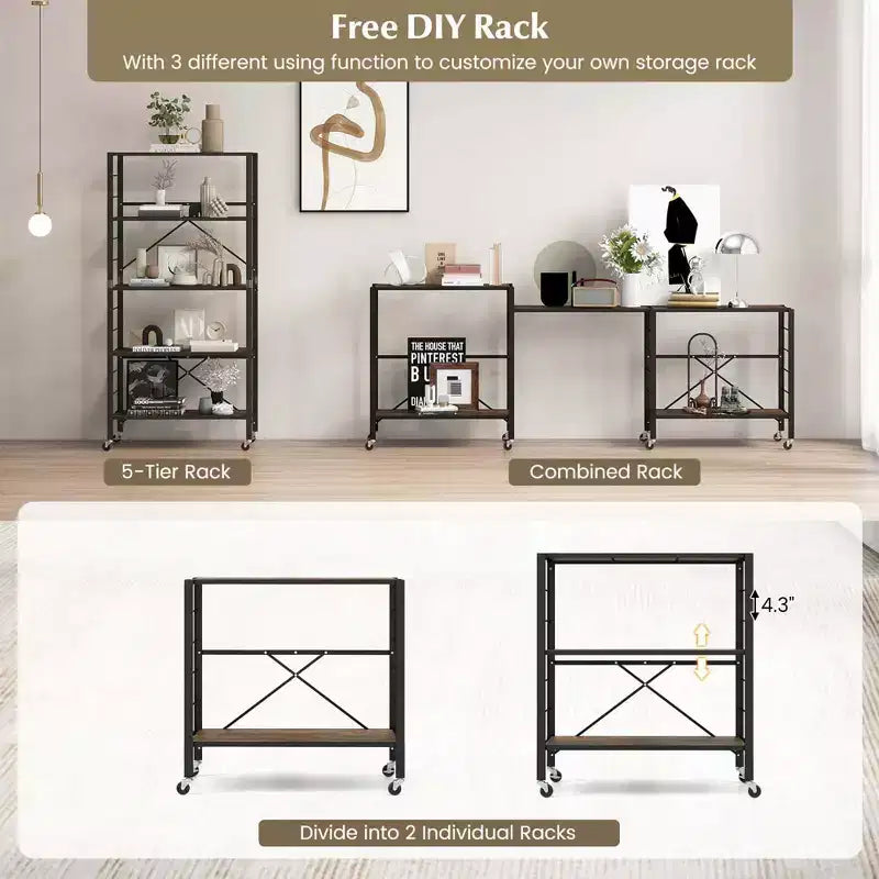 Costway Étagère Pliante à 5 Niveaux, Étagère de Rangement Modulable avec 4 Roues Universelles, Cuisine Noir/Naturel
