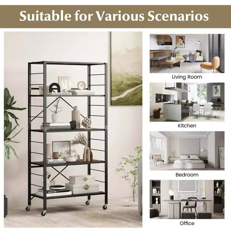 Costway Étagère Pliante à 5 Niveaux, Étagère de Rangement Modulable avec 4 Roues Universelles, Cuisine Noir/Naturel