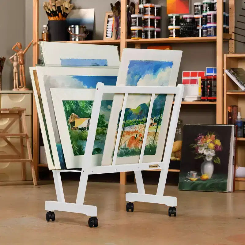Présentoir à grandes impressions en bois Firenze de Creative Mark avec roulettes – Idéal pour exposer des toiles, des œuvres d'art, des estampes, des panneaux, des affiches, des expositions d'art, et pour le rangement