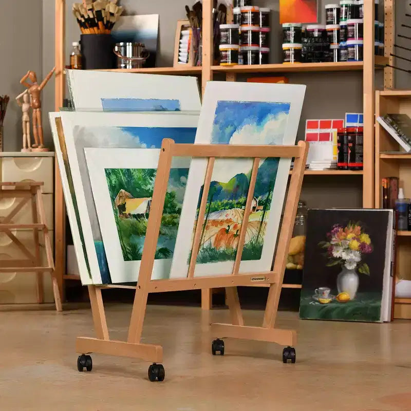 Présentoir à grandes impressions en bois Firenze de Creative Mark avec roulettes – Idéal pour exposer des toiles, des œuvres d'art, des estampes, des panneaux, des affiches, des expositions d'art, et pour le rangement