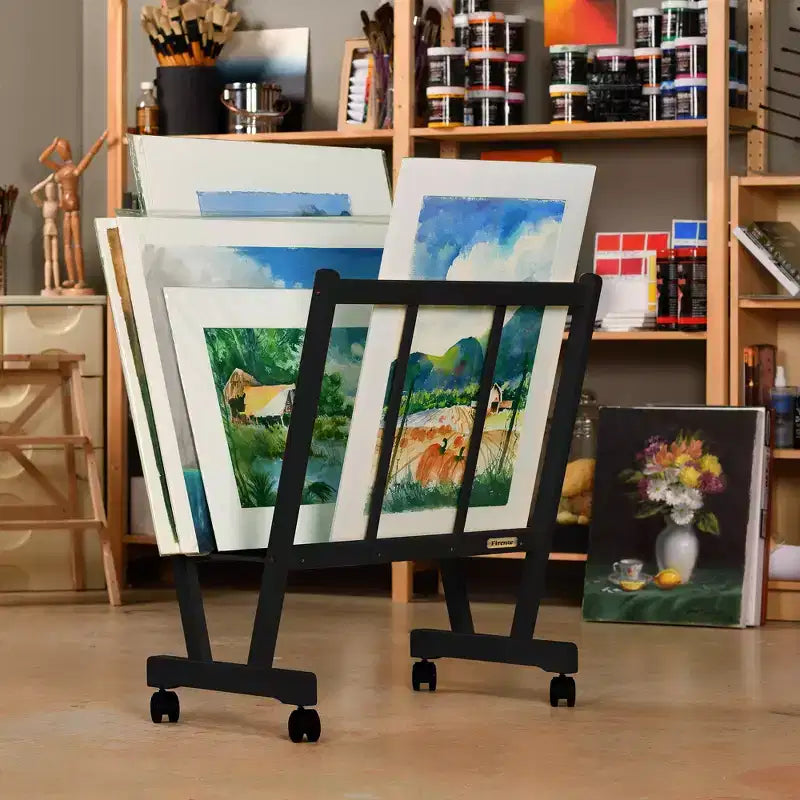 Présentoir à grandes impressions en bois Firenze de Creative Mark avec roulettes – Idéal pour exposer des toiles, des œuvres d'art, des estampes, des panneaux, des affiches, des expositions d'art, et pour le rangement