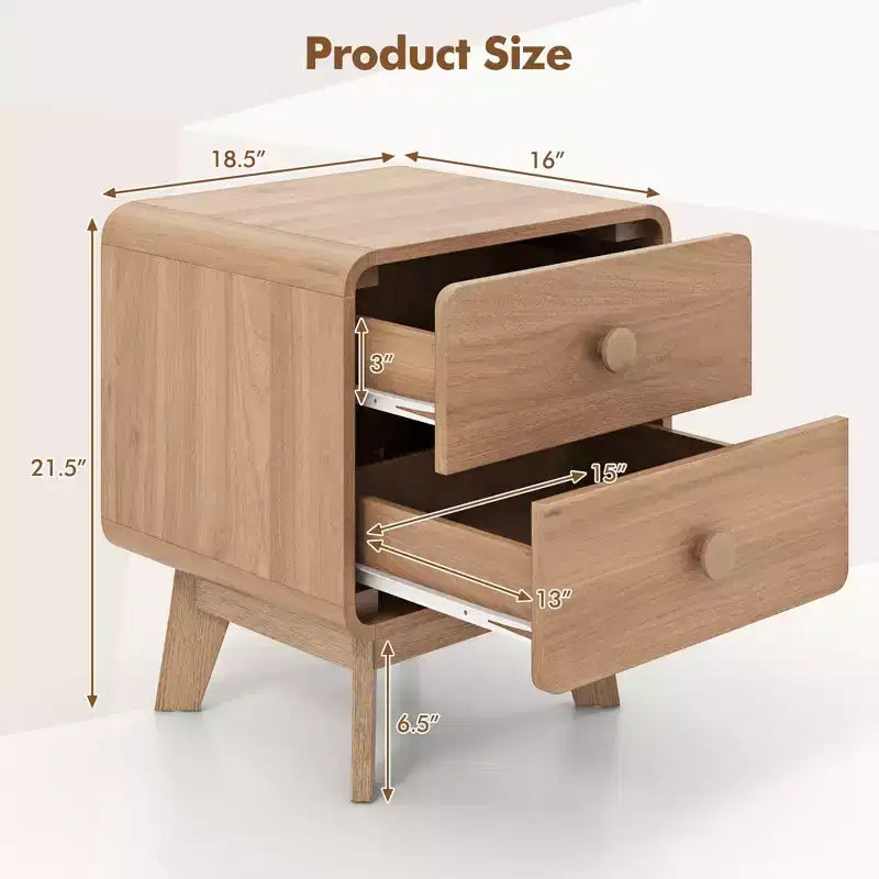 Costway 1/2 PCS Table de Chevet Moderne à 2 Tiroirs avec Pieds en Bois d'Hévéa Massif Marron