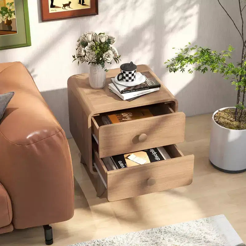 Costway 1/2 PCS Table de Chevet Moderne à 2 Tiroirs avec Pieds en Bois d'Hévéa Massif Marron