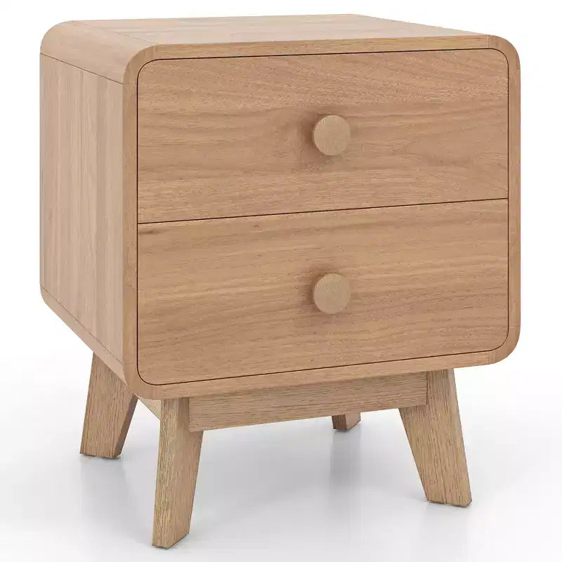 Costway 1/2 PCS Table de Chevet Moderne à 2 Tiroirs avec Pieds en Bois d'Hévéa Massif Marron