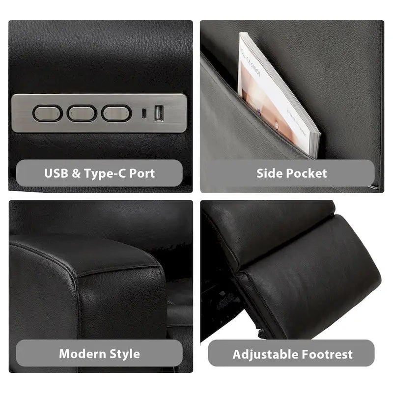 Fauteuil inclinable électrique en cuir pleine fleur de 37 po de large, avec fonction de glisse et de bascule, sièges de cinéma maison avec port de charge USB