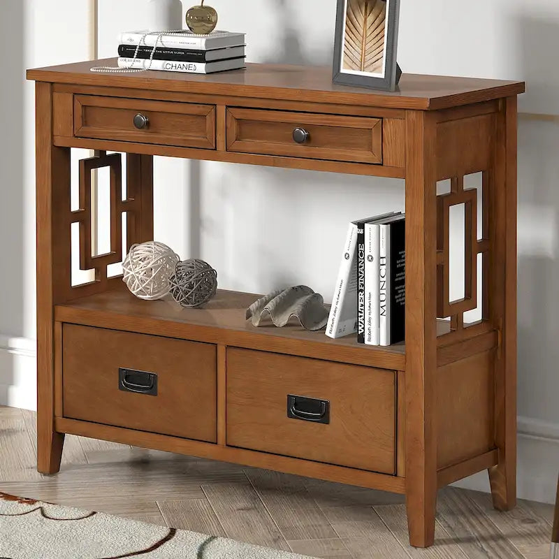Table console de 36 po en pin de style rustique pour entrée de canapé avec 4 tiroirs et 1 étagère de rangement