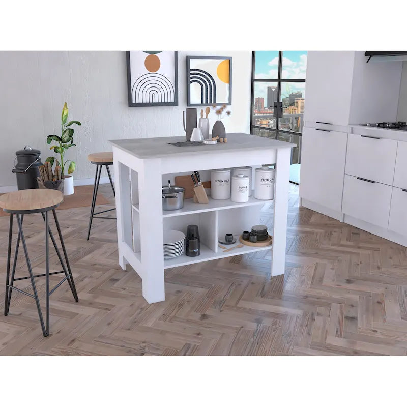 Îlot de cuisine avec quatre pieds, trois étagères