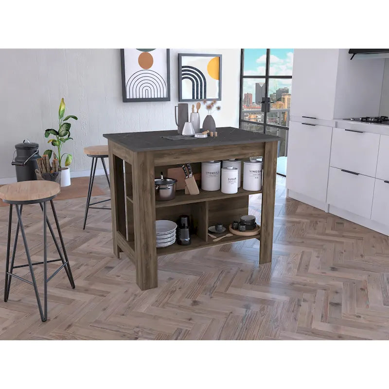 Îlot de cuisine avec quatre pieds, trois étagères